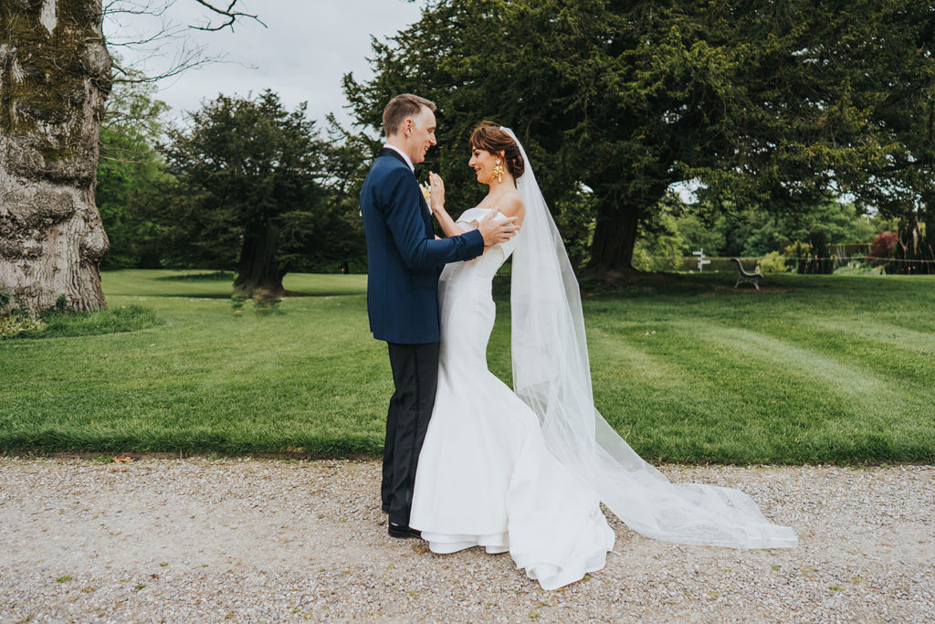 romantic first look, Killruddery House and Gardens Grain Store wedding, Sareh Nouri wedding dress