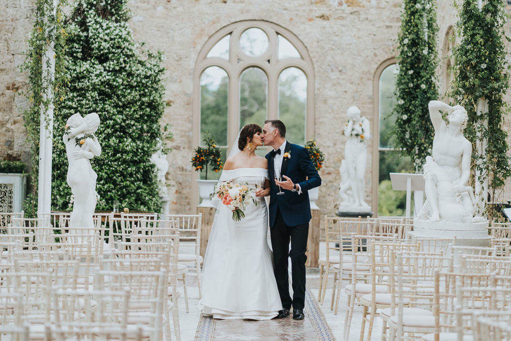 romantic first look, Killruddery House and Gardens Grain Store wedding, Sareh Nouri wedding dress