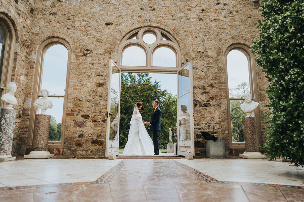 romantic first look, Killruddery House and Gardens Grain Store wedding