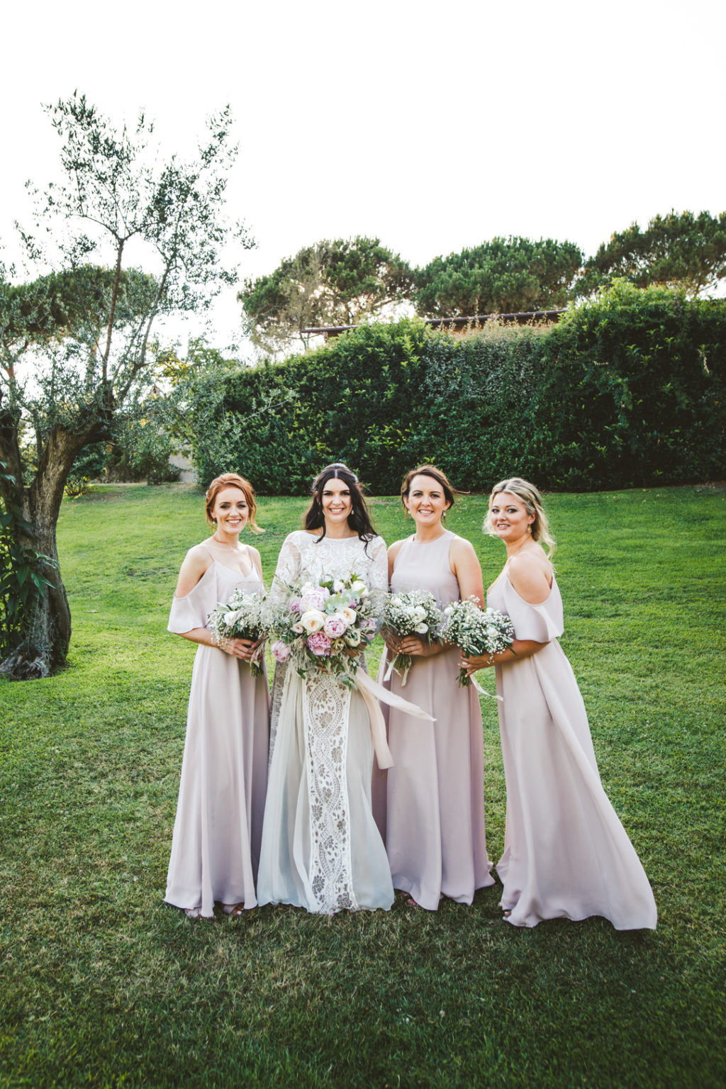 Inca wedding dress by Grace Loves Lace, pink bridesmaids dresses, Rewritten bridesmaids dresses,Borgo di Tragliata destination wedding in Italy