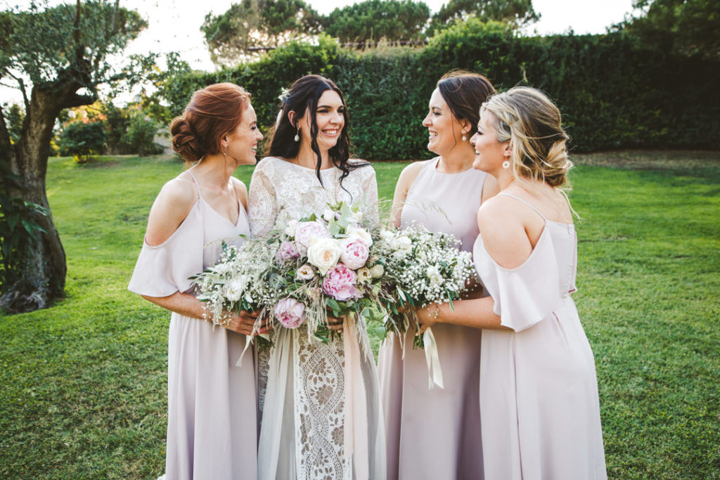 Inca wedding dress by Grace Loves Lace, pink bridesmaids dresses, Rewritten bridesmaids dresses,Borgo di Tragliata destination wedding in Italy