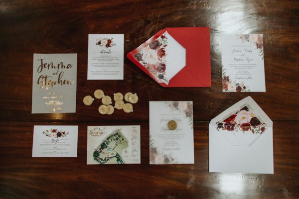 red wedding stationery, autumnal wedding stationery