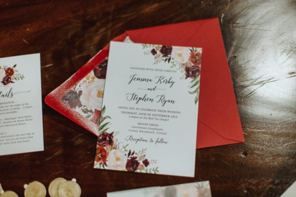 red wedding stationery, autumnal wedding stationery