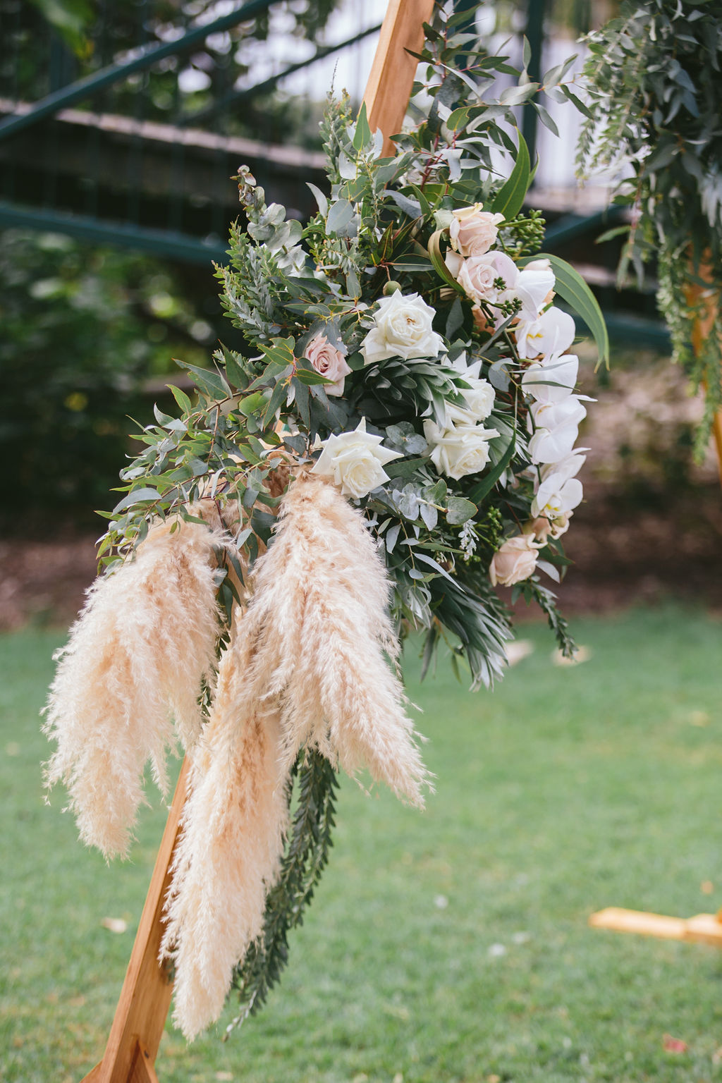 wedding signage, fresh, modern wedding decor, outdoor wedding ceremony, ceremony arch, floral arch, pampas grass arch