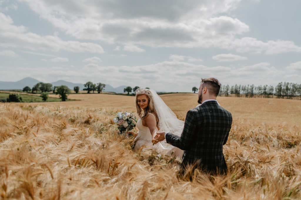 The Carriage Rooms at Montalto wedding, romantic wedding portrait ideas, Ireland wedding photos, barley field wedding photos