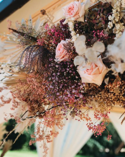 wedding pavillion, outdoor wedding decor, dried wedding flowers