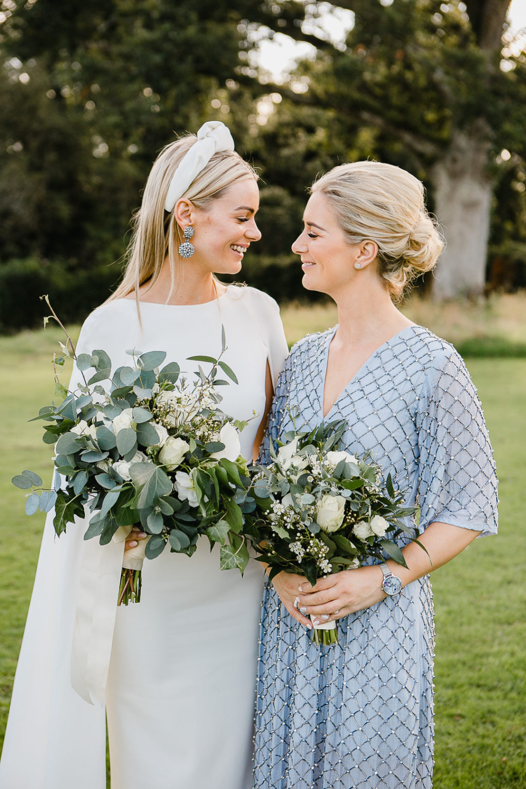 Virginia Park Lodge wedding, blue bridesmaids dresses, embellished bridesmaids dresses, bridal headpiece, bridal headband, contemporary wedding dress, simple wedding dress, fashion-forward wedding dress