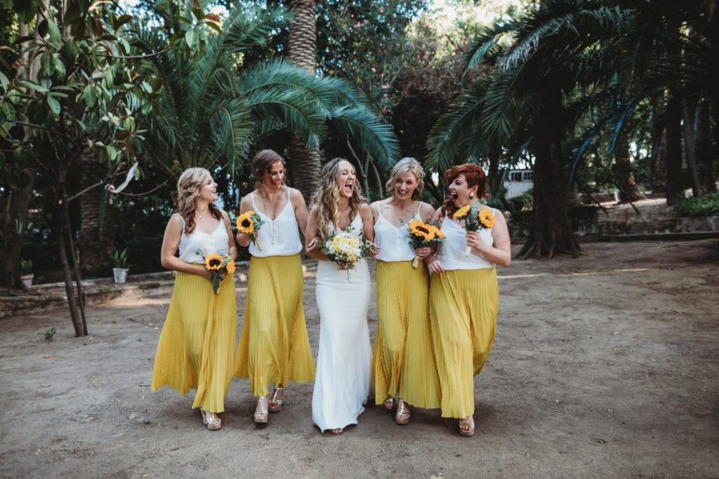 Quinta Das Pintoras wedding, destination wedding in Lisbon, Suzanne Neville wedding dress, Sharon Hoey wedding dress, & Other Stories bridesmaids dresses, yellow bridesmaids dresses, two-piece bridesmaids dresses, boho bridal style, yellow wedding flowers