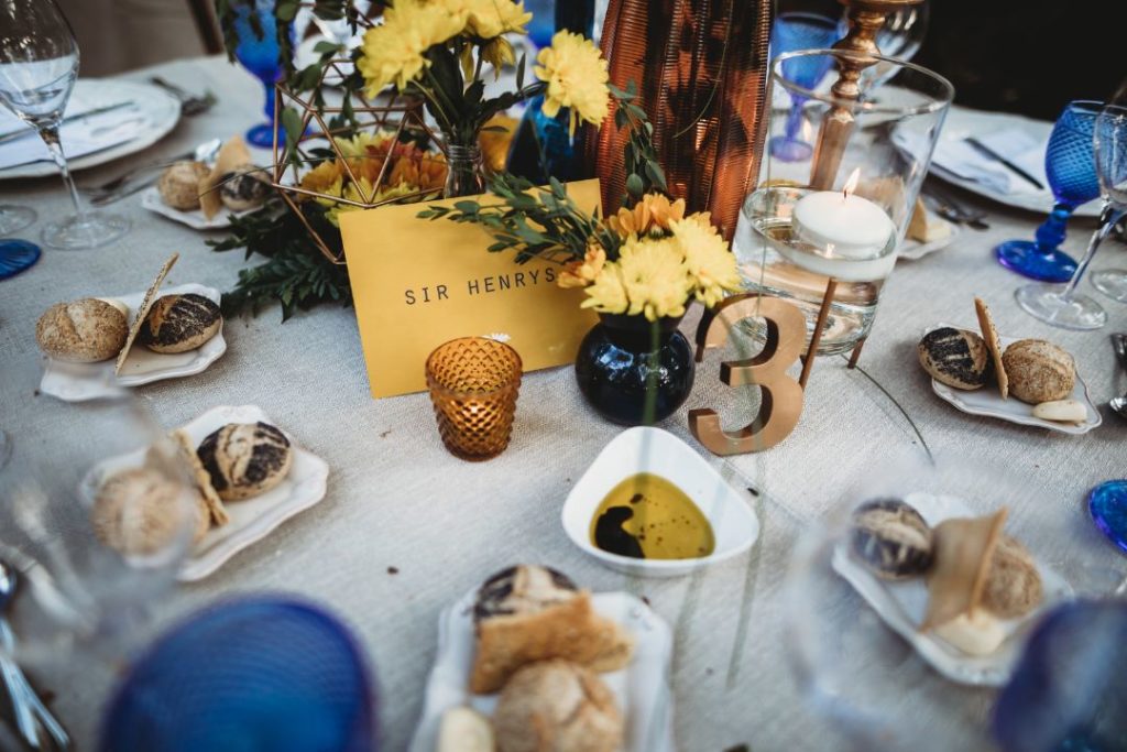 Quinta Das Pintoras wedding, destination wedding in Lisbon, colourful glassware, yellow wedding flowers