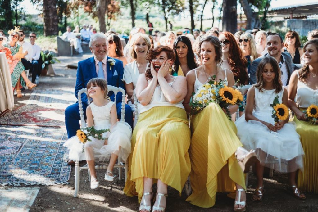 Quinta Das Pintoras wedding, destination wedding in Lisbon, Suzanne Neville wedding dress, Sharon Hoey wedding dress, & Other Stories bridesmaids dresses, yellow bridesmaids dresses, two-piece bridesmaids dresses, boho bridal style