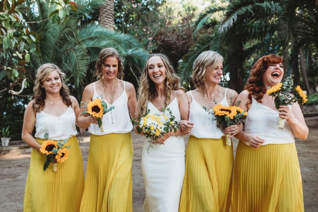 Destination wedding in Lisbon, Portugal, Quinta Das Pintoras wedding by JJMT Photography, yellow bridesmaids dresses, block colour bridesmaids dreses, two piece bridesmaids dresses