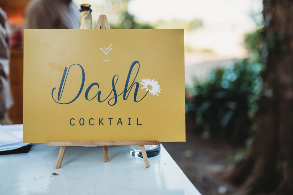 yellow wedding signage, wedding cocktail sign