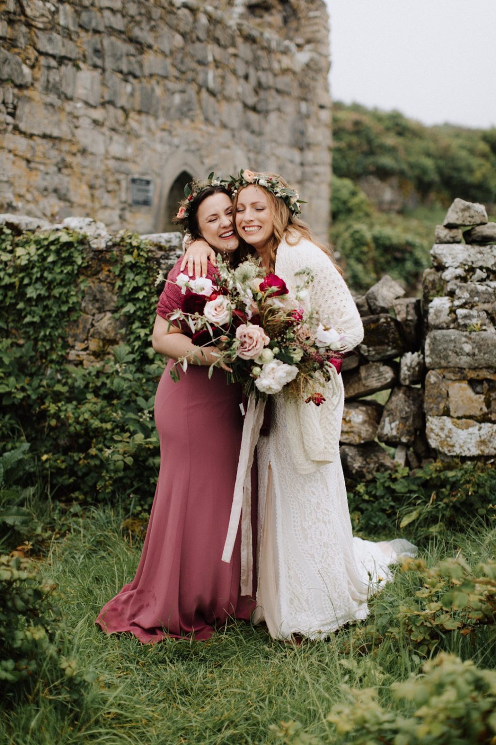 Emmy Mae wedding dress, destination wedding in Ireland, aran islands wedding, Inis Mor wedding, celtic wedding ceremony, pink bridesmaids dresses, red bridesmaids dresses, berry bridesmaids dresses