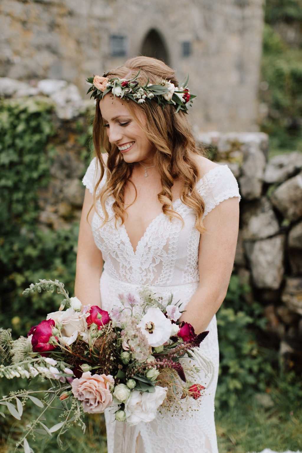 Emmy Mae wedding dress, destination wedding in Ireland, aran islands wedding, Inis Mor wedding, celtic wedding ceremony, pink bridesmaids dresses, red bridesmaids dresses, berry bridesmaids dresses