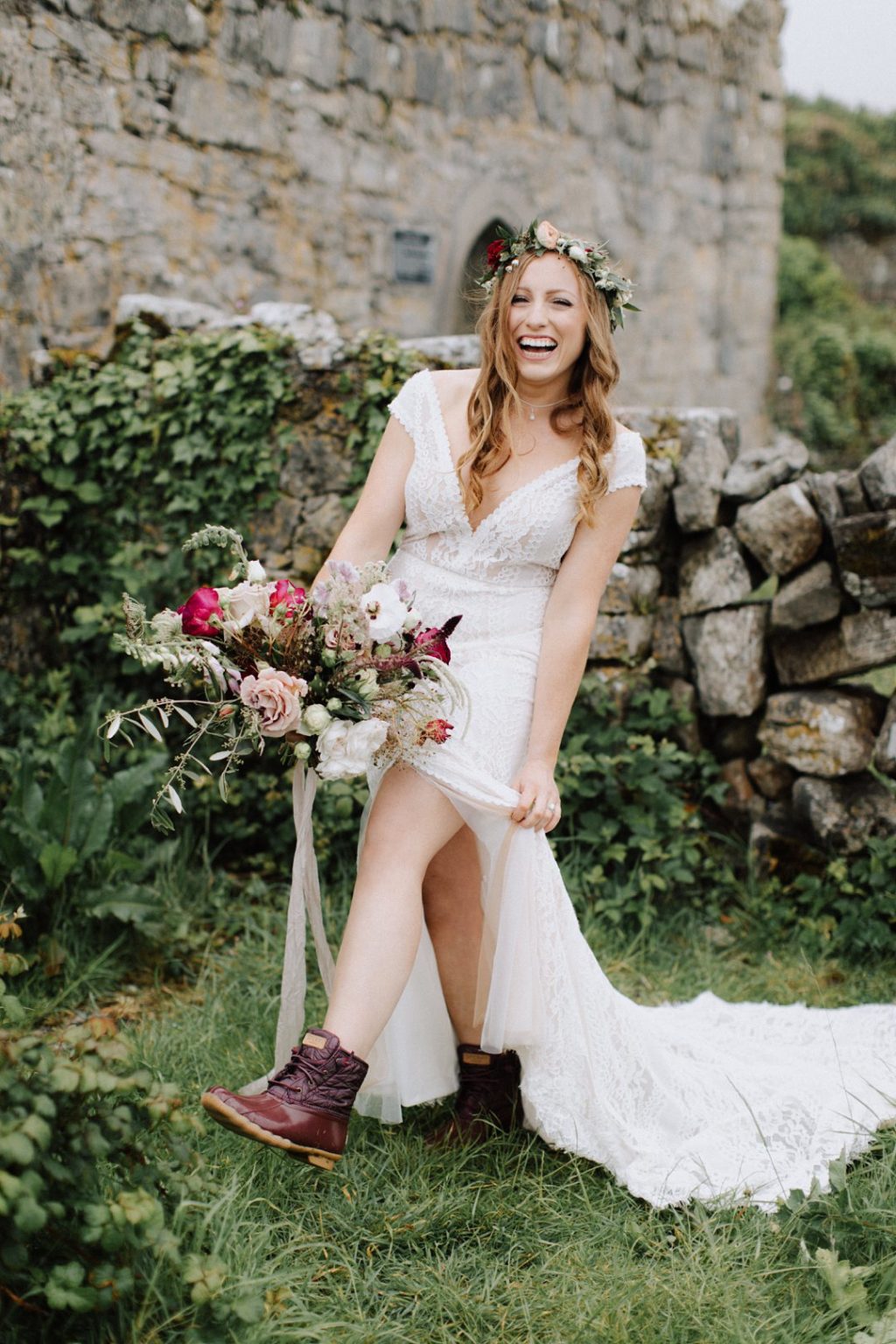 Emmy Mae wedding dress, destination wedding in Ireland, aran islands wedding, Inis Mor wedding, celtic wedding ceremony, pink bridesmaids dresses, red bridesmaids dresses, berry bridesmaids dresses