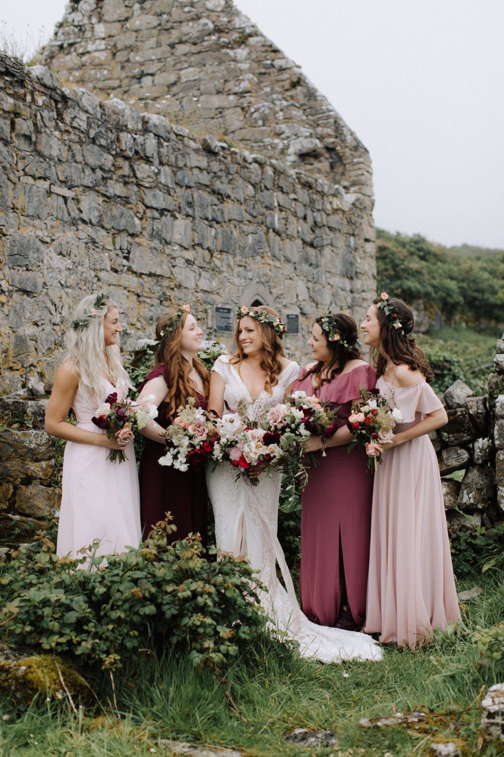 Emmy Mae wedding dress, destination wedding in Ireland, aran islands wedding, Inis Mor wedding, celtic wedding ceremony, pink bridesmaids dresses, red bridesmaids dresses, berry bridesmaids dresses