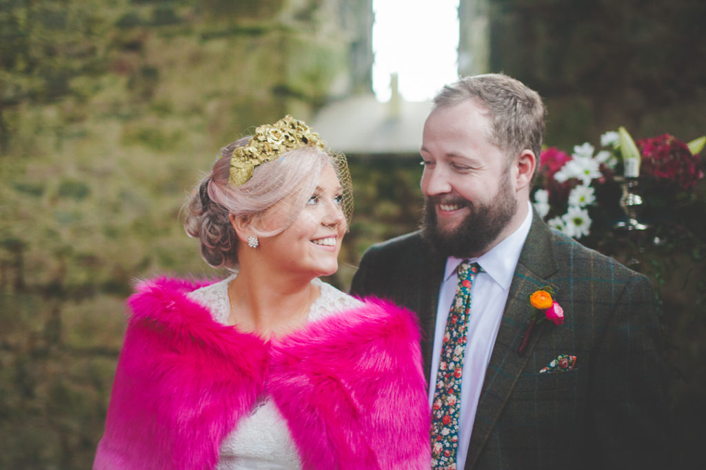 Talbot Hotel Belmullet wedding, pom pom wedding by Jimmy Kilgallen Photography, pink wedding dress, pink bridal style, gold bridal headpiece, pink bridal cover up