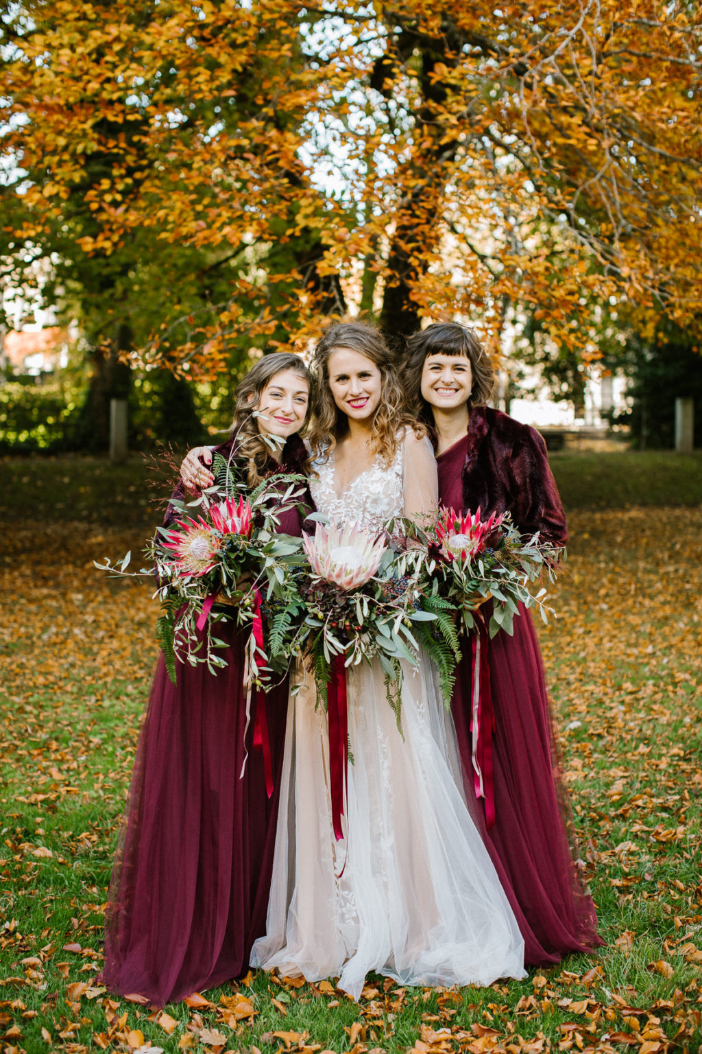 embroidered wedding dress, Watters wedding dress, Watters bridesmaids dresses, autumnal bridesmaids dresses, bridesmaids cover ups, berry red bridesmaids dresses, The Lewis Glucksman Gallery wedding, Fota Island Resort wedding by White Cat Studio