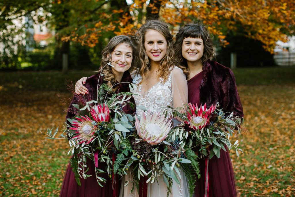 embroidered wedding dress, Watters wedding dress, Watters bridesmaids dresses, autumnal bridesmaids dresses, bridesmaids cover ups, berry red bridesmaids dresses, The Lewis Glucksman Gallery wedding, Fota Island Resort wedding by White Cat Studio