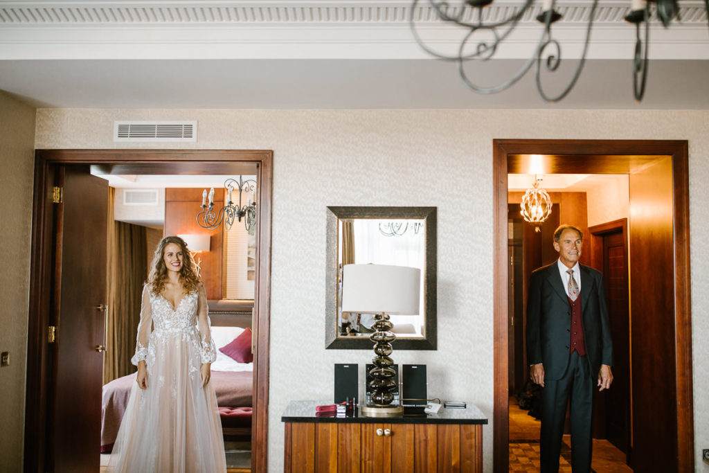 embroidered wedding dress, Watters wedding dress, The Lewis Glucksman Gallery wedding, Fota Island Resort wedding by White Cat Studio, father daughter first look