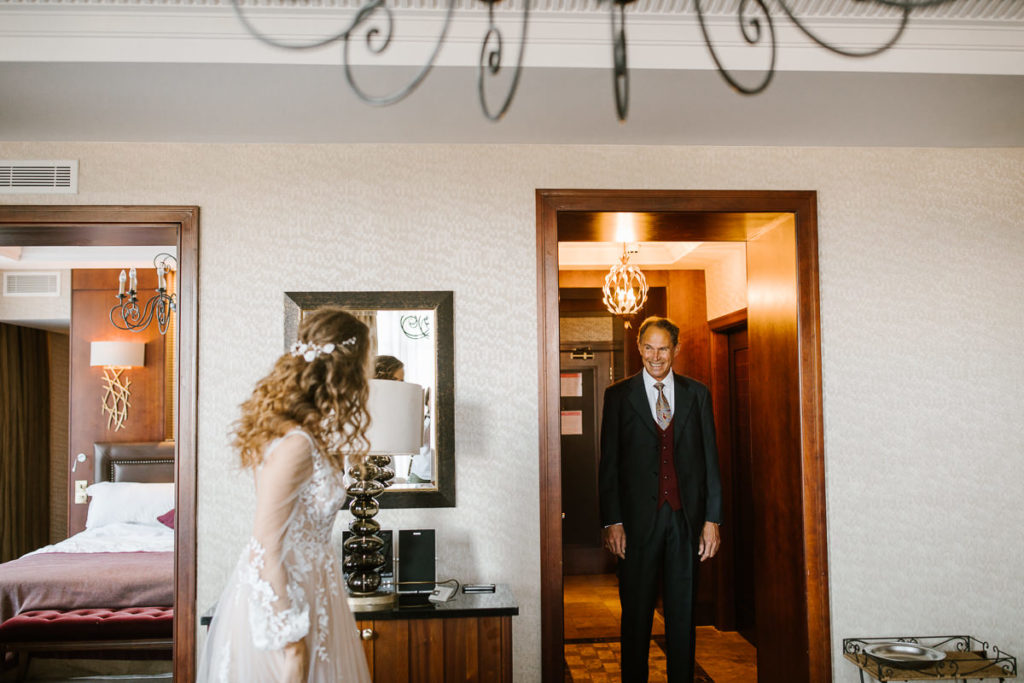 embroidered wedding dress, Watters wedding dress, The Lewis Glucksman Gallery wedding, Fota Island Resort wedding by White Cat Studio, father daughter first look