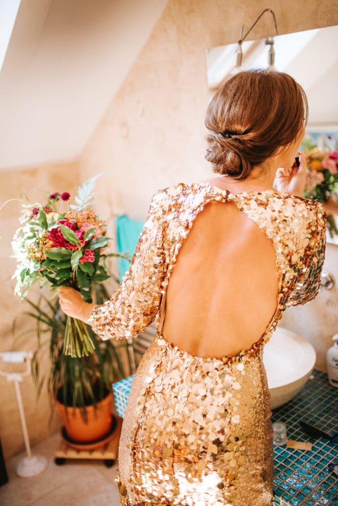 Bride Anna's golden sequin bridal look by the talented Sarah Foy Couture | One Fab Day