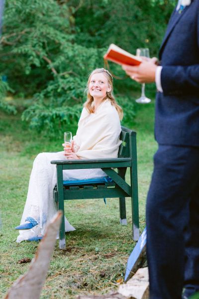 Couple speeches bride smiling prosecco champagne