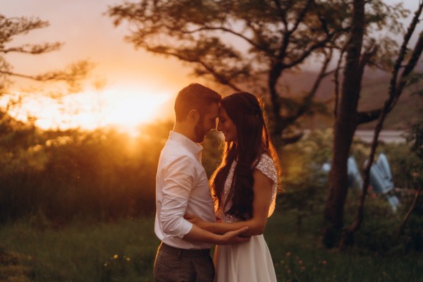 Bride and groom at sunset during Connemara wedding