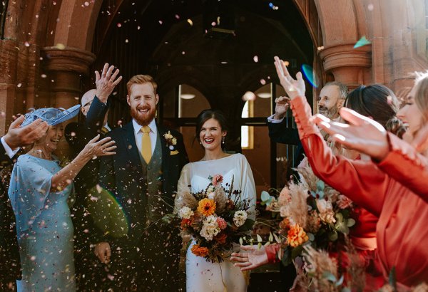 bride and groom confetti church