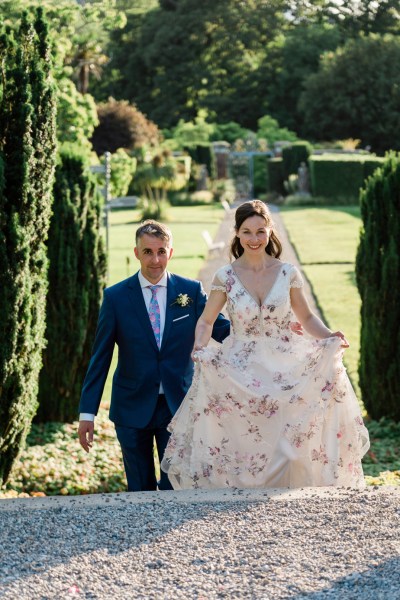 Wedding photography Jane & Alex couple walking steps bride groom exterior garden shot