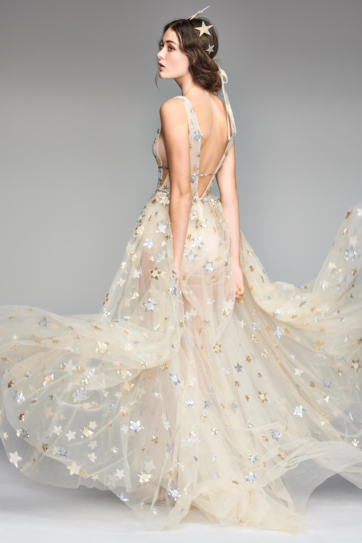 Orion gold and silver sequin star gown from Willowby by Watters