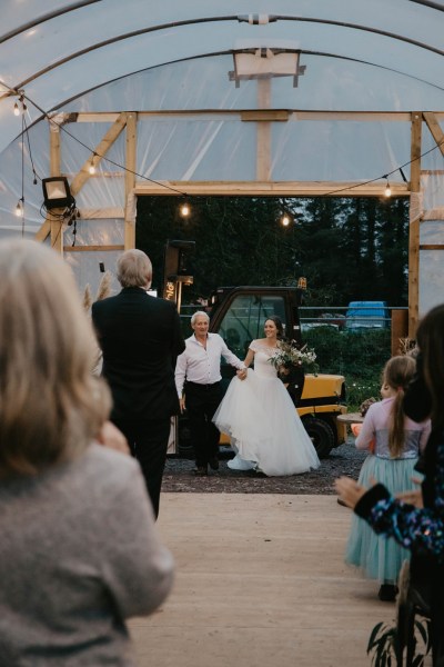 Aisling & Forbes Real Wedding happy couple father of the bride tractor barn interior