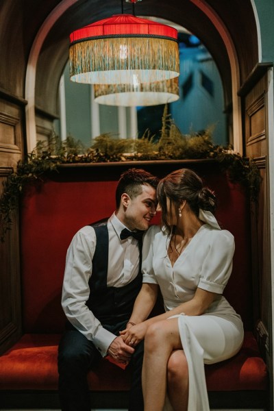 Bride and groom together interior shot