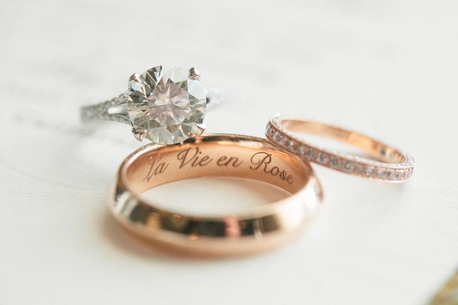 Wedding Ring Inscription Ideas | Engraved wedding rings, rose gold groom and bride with diamond engagement ring