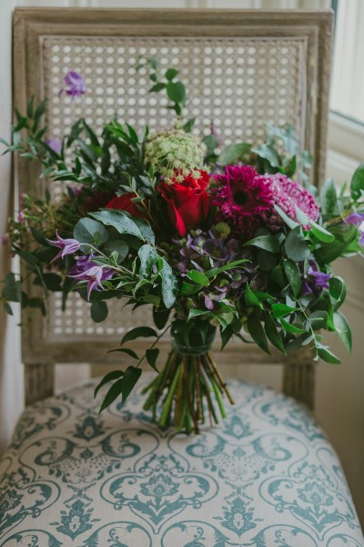 Close-up of bouquet/flowers on chair