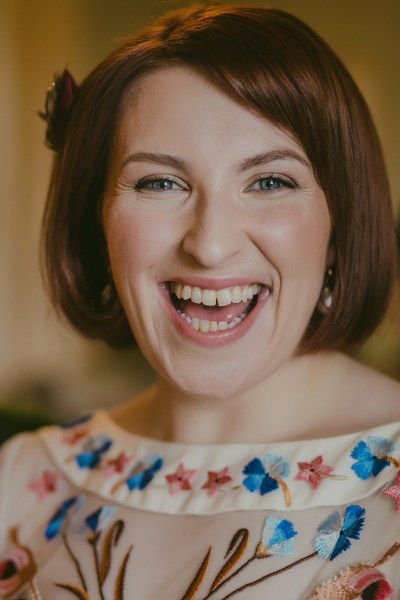 Up close close-up of bride laughing smiling