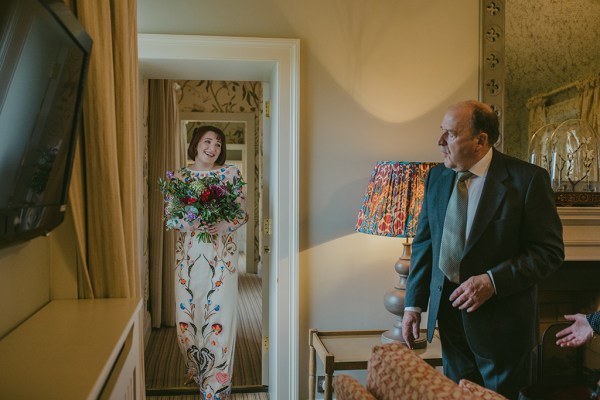 Father of the bride emotional happy smiling interior hotel room cute