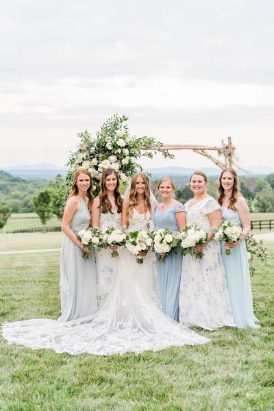 Exterior lace dress train bridesmaids maid of honour friends exterior farm