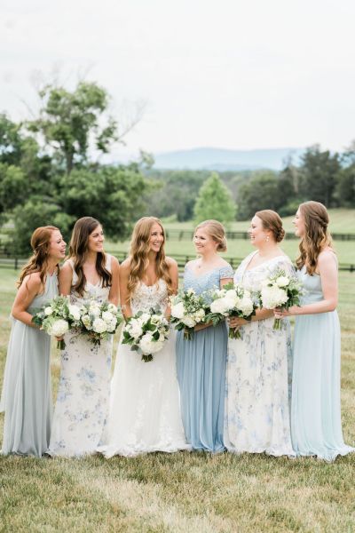 Bridesmaids bouquet of flowers dress detail exterior shot summer