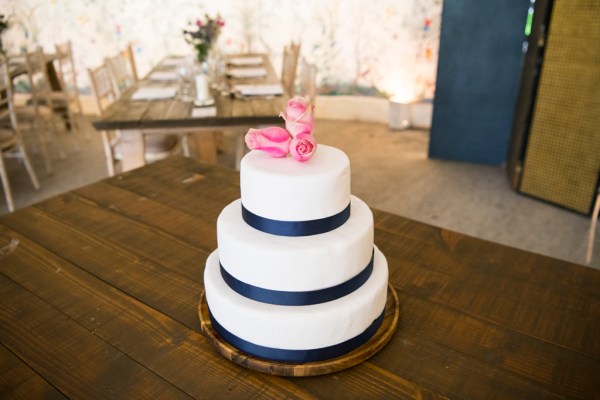 Eoin & Darran Real Wedding cake flowers roses ribbon interior tent shot