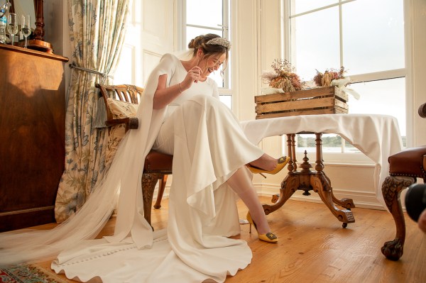 Real Wedding Tracey & Ultan yellow shoes dress detail veil flowers interior