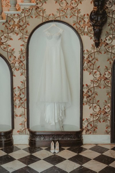 wedding dress hanging