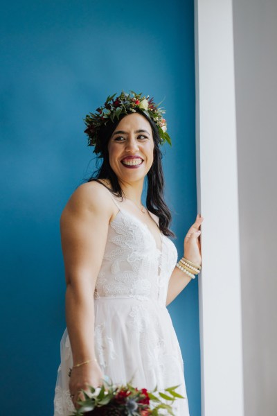 Bride with floral head piece Olga Hogan Photography: Hannah & Eoghan