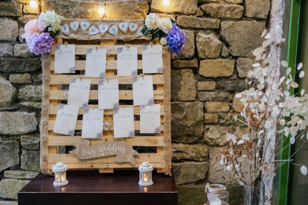 Table names on wooden palette Olga Hogan Photography: Hannah & Eoghan