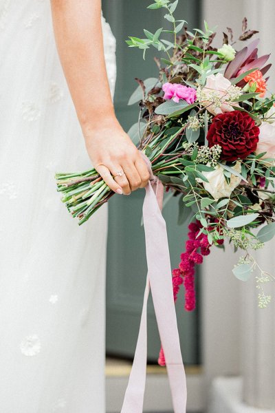 bridal bouquet pink and red ribbon