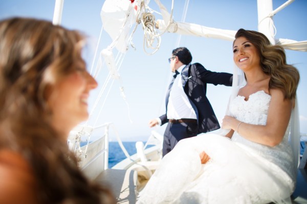 Bride on yacht sunshine sunny smiling sea waves