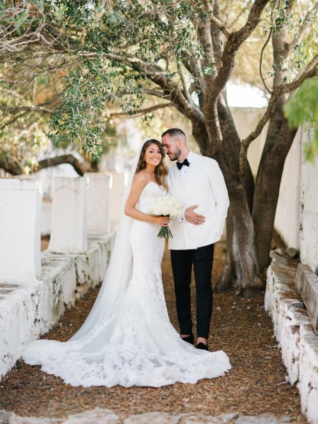 Bride and groom ceremony bouquet of flowers exterior