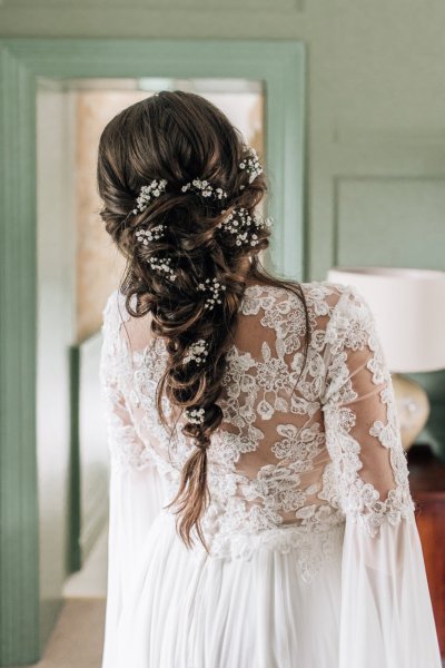 Bride and mother getting ready lace wedding bridal gown hair detail