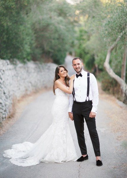 Bride and groom exterior without jacket road forest