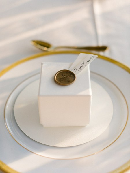 Up close detail of ring box on dining table cutlery